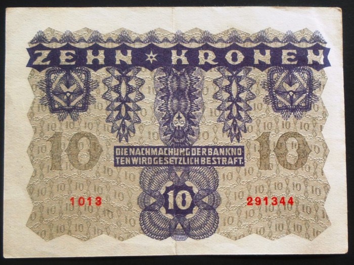 Bancnota istorica 10 COROANE - AUSTRO-UNGARIA (AUSTRIA), anul 1922 *cod 620 A