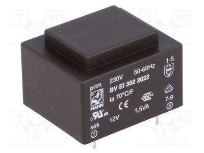 Transformator &amp;icirc;ncapsulat HAHN 1,5VA 230VAC 12V 125mA PCB foto