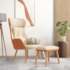 vidaXL Scaun de relaxare cu taburet, crem, piele ecologica/textil foto