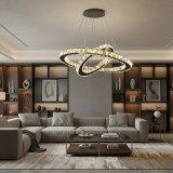 Lustra LED Alessandro DESIGN 58W, 2 Cercuri, Cristale, Dimabila, Telecomanda, Inaltime Reglabila, Crom, Alb, Argintiu
