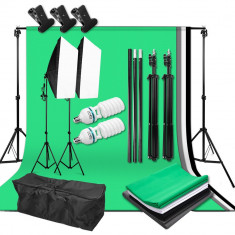 Kit studio foto cu 2 x Softbox, 4 x Fundal Multicolor, 2 x 135W 5500K Bec, 3 x Cleme, include geanta de transport