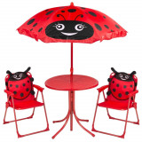 Set mobilier gradina/terasa pentru copii, pliabil, rosu,&nbsp;model buburuza, 1 masa cu umbrela, 2 scaune, Melisenda, Strend Pro