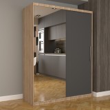 Dulap Dormitor Nova Eco 150 cm x 200 cm, cu oglinda, sonoma cu usi glisante gri