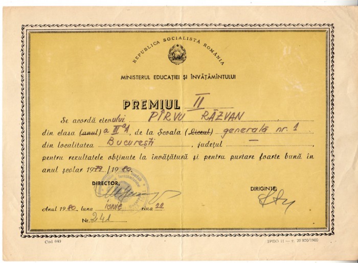 QW13 11 - 1980 - diploma - clasa 3 - Scoala generala nr 1 - Bucuresti
