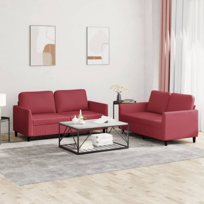 vidaXL Set de canapele cu perne, 2 piese, roșu vin, piele ecologică