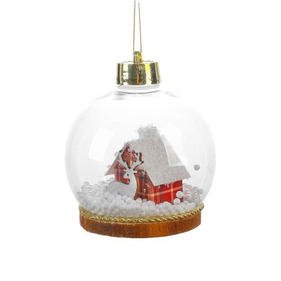 Glob pentru Bradul de Craciun LED, Flippy, Model B, Glob Transparent cu Figurina Casa si Ren iluminat LED, Diametrul 10 cm, Baza Solida, Transparent foto