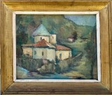 Tablou Mircea Popescu Peisaj Bucovinean Manastire Veche pictura ulei inramata 40x50cm, Peisaje, Realism