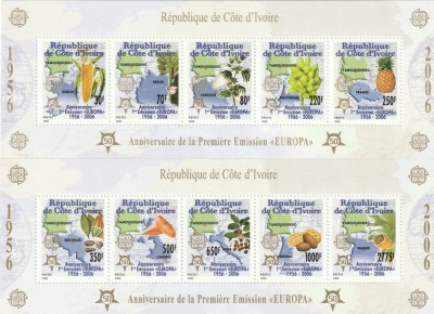 Coasta de Fildes (Cote d&amp;#039;Ivoire} 2005 - 50 ani Europa CEPT, 2 blocuri dantelate,MNH,Mi.Bl.174A- 175A foto