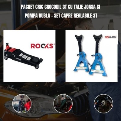 Pachet cric crocodil 3T cu talie joasa si pompa dubla + Set capre reglabile 3T foto