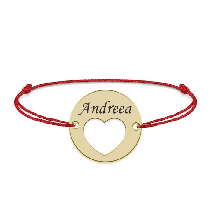 Heart - Bratara snur personalizata banut cu nume si inimioara din argint 925 placat cu aur galben 24K