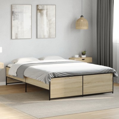 vidaXL Cadru de pat, stejar sonoma, 135x190cm, lemn prelucrat și metal 3279903 foto