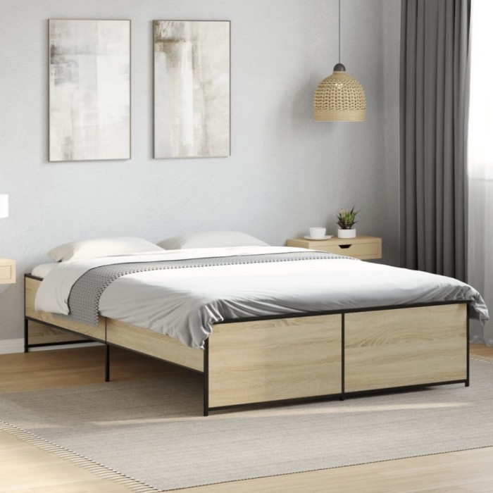vidaXL Cadru de pat, stejar sonoma, 135x190cm, lemn prelucrat și metal 3279903