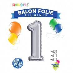 Balon, folie aluminiu, argintiu, cifra 1, 40 cm foto