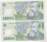 Bancnota Romania 10000 Lei 2000 Isarescu UNC - 2 Buc Consecutive