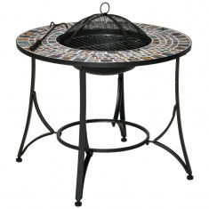 Semineu/vatra de foc exterior, 3 in 1, masuta de gradina si gratar pentru barbecue, metal si ceramica, cu accesorii, 75x60 cm