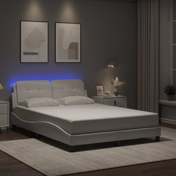 Cadru de pat cu lumini LED, alb, 120x200 cm, piele ecologică