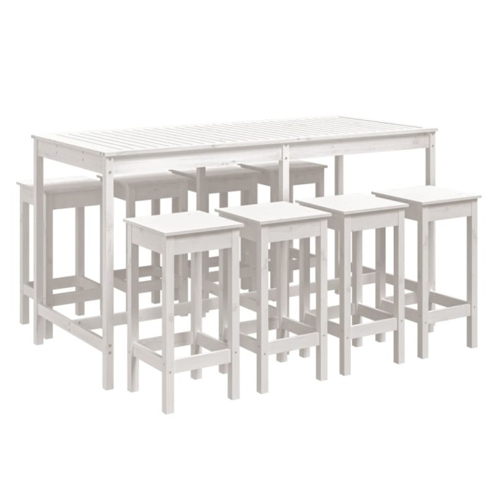 Set bar de gradina, 9 piese, alb, lemn masiv de pin