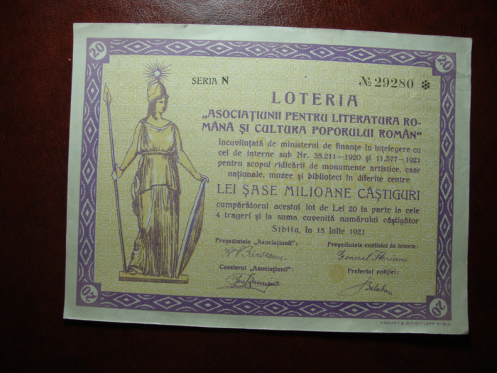 ROMANIA 1921 BILET LOTERIE SOCIETATEA ASTRA SIBIU