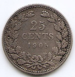 Olanda 25 Cents 1905 - Wilhelmina, Argint 3.575 g.640, 19 mm KM-120.2, Europa