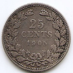 Olanda 25 Cents 1905 - Wilhelmina, Argint 3.575 g.640, 19 mm KM-120.2