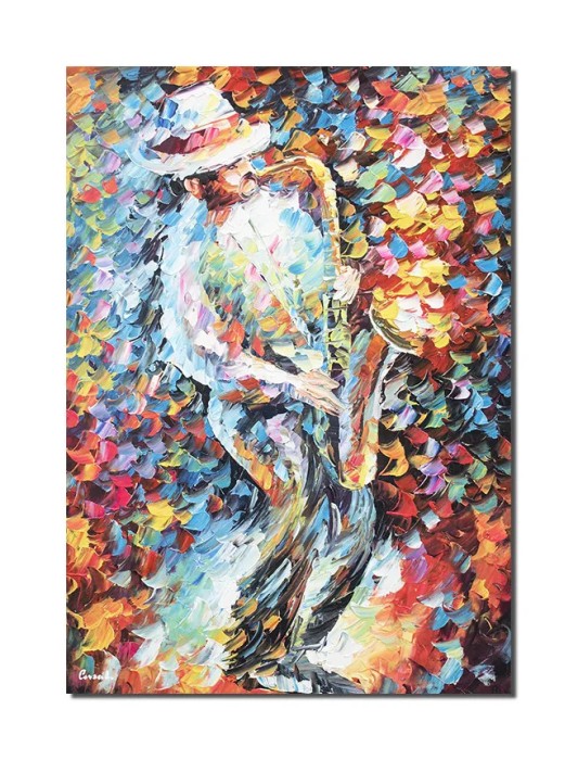 Tablou pictat manual, Saxofonistul, stilizat, 70x50cm pictura ulei in cutit, efect 3D, gata de agatat pe perete