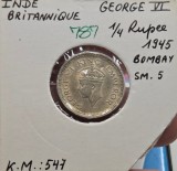 787 British India, India Britanica, &frac14; Rupee - George VI 1945, KM#547, argint