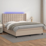 VidaXL Pat cu arcuri, cu saltea și LED, cappuccino 160x200cm piele eco
