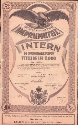 HST A624 &amp;Icirc;mprumutul intern de consolidare 1935 titlu de 2000 lei foto