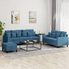 vidaXL Set de canapele cu perne, 3 piese, albastru, catifea foto