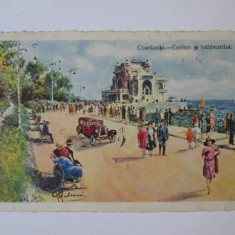 Rara! Carte poștala ilustrator Constanta:Casino si bulevardul,circulata 1930