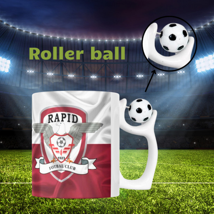 Cană cu minge fotbal &bdquo;Fotbal club Rapid Bucuresti&rdquo;, v2, sport, fotbal, suporter, alba, 330 ml