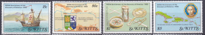 DB1 St. Kitts 1989 Corabii 500 Ani America desc. Columb 4 v. MNH foto