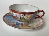 Farfurioara cu ceasca din portelan fin japonez, pictat manual, gheise cu motive florale (2), Decorative
