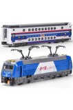 Set tren die-cast cu 3 vagoane locomotiva lumini sunete si functie pull back albastru
