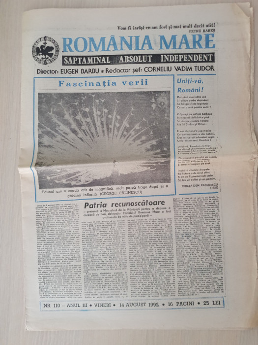 ziarul romania mare 14 august 1992-redactor sef corneliu vadim tudor