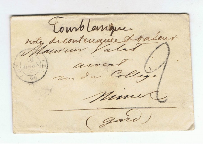 France 1850 Postal History Rare Cover TYPE 15 PARIS (E) 60 (E) to NIMES D.710