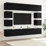 Set de 8 piese pentru cabinet TV vidaXL, montat pe perete, din stejar negru, lemn ingineresc