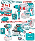 TOTAL - KIT COMBO 20V - CIOCAN ROTOPERCUTOR, POLIZOR UNGHIULAR, MASINA DE INSURUBAT CU IMPACT (INCLU