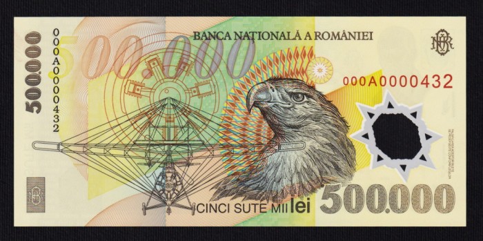 500.000 500000 lei 2000 Unc Specimen neterminat 000A000432. Necirculata, polimer