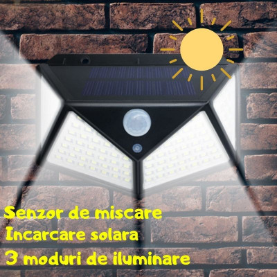 Lampa 100 LED cu panou solar, senzor de miscare, 3 moduri de iluminare foto