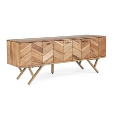 Comoda cu 3 usi din lemn maro si picioare fier auriu Raida 130 cm x 40 cm x 51 cm