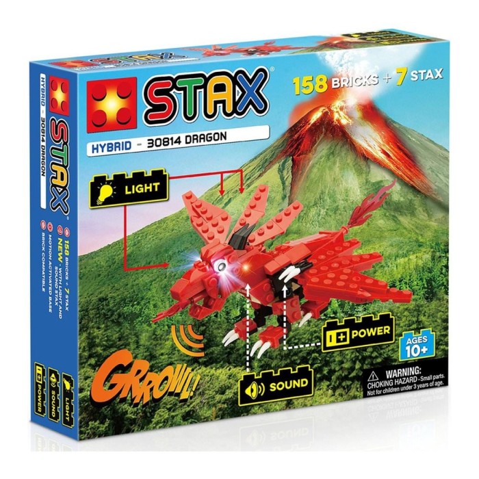 Set constructie pentru copii, Dragon rosu cu lumini si sunete Stax, 158 piese de constructie si 7 STAX, +6 ani
