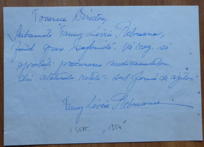 Cerere scrisa de Fanny Rebreanu , sotia lui Liviu Rebreanu , 1954