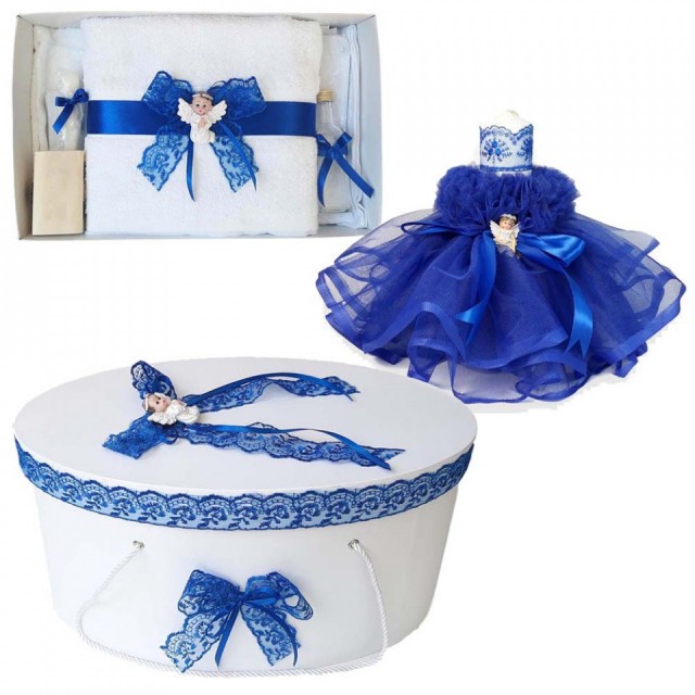 Set dantela trusou botez, cutie trusou si lumanare, Ingeras, decor albastru,