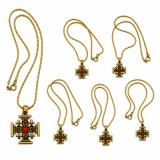 Cumpara ieftin Set 6 coliere aurii 42 cm, Crucea Ierusalimului 23 x 23 mm, cruciulite ornamentale din metal cu model bilateral si accent rosu, accesorii crestine uni