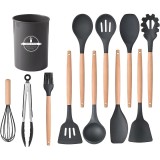 Cumpara ieftin Set ustensile bucatarie, 12 piese, lemn si silicon alimentar, termorezistente, antiaderente