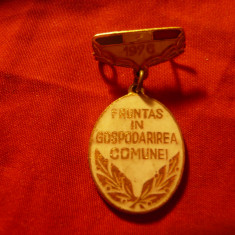 Insigna - Fruntas in Gospodarirea Comunei anii 1976, metal si email