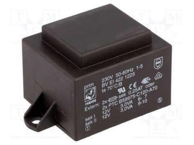 Transformator &amp;icirc;ncapsulat HAHN 6VA 230VAC 12V 250mA PCB foto