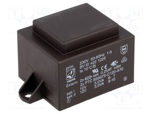 Transformator &icirc;ncapsulat HAHN 6VA 230VAC 12V 250mA PCB