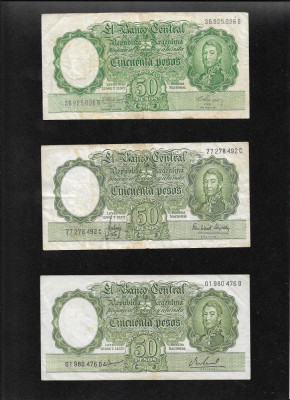 Rar! Set Argentina 3 x 50 pesos 1952(69) semnaturi diferite foto